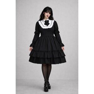 NWT UNBRANDED Black Gothic Lolita Dress Victorian Ruffle Bow Tiered Collar X Lrg